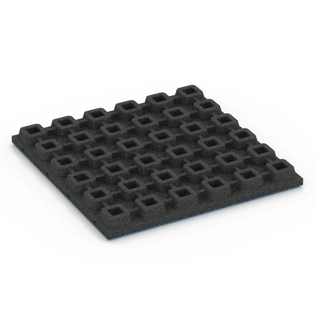 Aufsicht auf die Unterseite, also die Bodenseite von WARCO-Formteil 6438 - Fallschutzplatte – 160 cm im Format 50 x 50 x 4,8 cm.