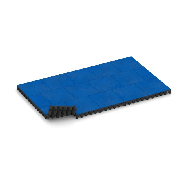 La situation d'installation typique du produit 0733 de WARCO - Dalle amortissante, en couleur Bleu Gentiane dans les dimensions 500 x 500 x 100 mm.