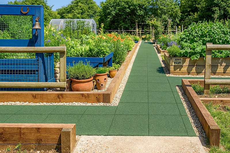 Un vialetto rettilineo da giardino con piastrelle verdi in gomma attraversa un orto e giardino ornamentale con aiuole rialzate in legno. Le piastrelle elastiche in granuli di gomma offrono una superficie antiscivolo, resistente alle intemperie e facile da mantenere. La bordatura laterale in ghiaia garantisce confini chiari e un aspetto ordinato. Ideale per orti, aiuole e vialetti da giardino sicuri.