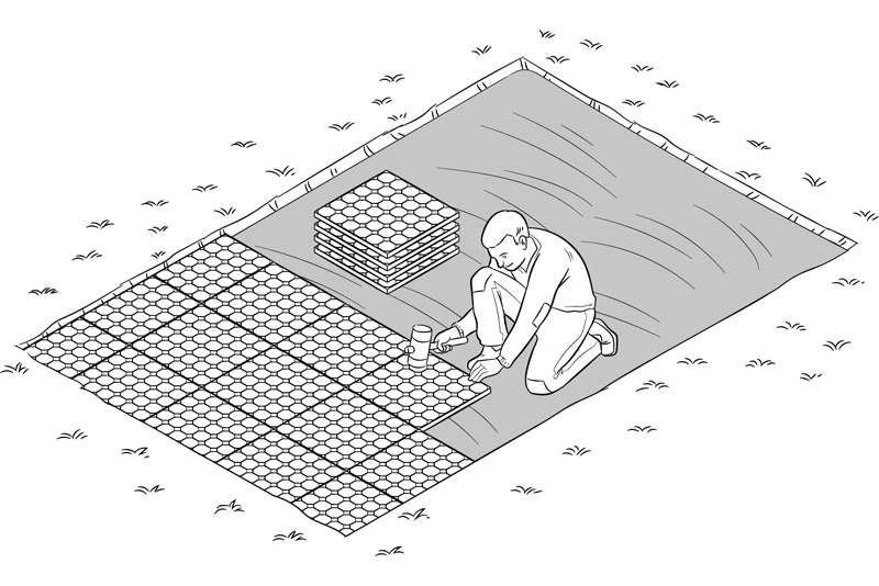 Lo schizzo che mostra come installare le griglie di stabilizzazione in plastica WARCO (le griglie a nido d'ape) e riempirle di pietrisco.