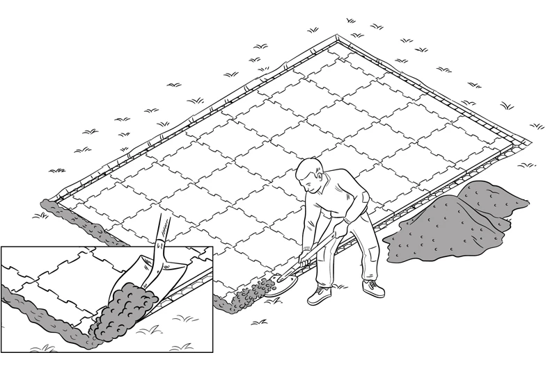 Lo schizzo che mostra come riempire i bordi del terreno per creare una transizione senza soluzione di continuità tra la terrazza e il prato.