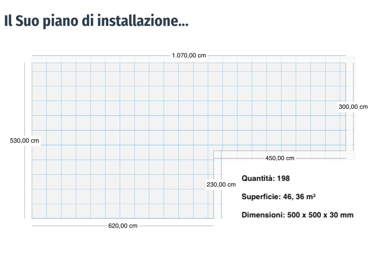 Il piano di posa personalizzato per una terrazza con lastre WARCO. Naturalmente, è possibile creare diverse varianti di posa. Il piano può essere scaricato in formato PDF.